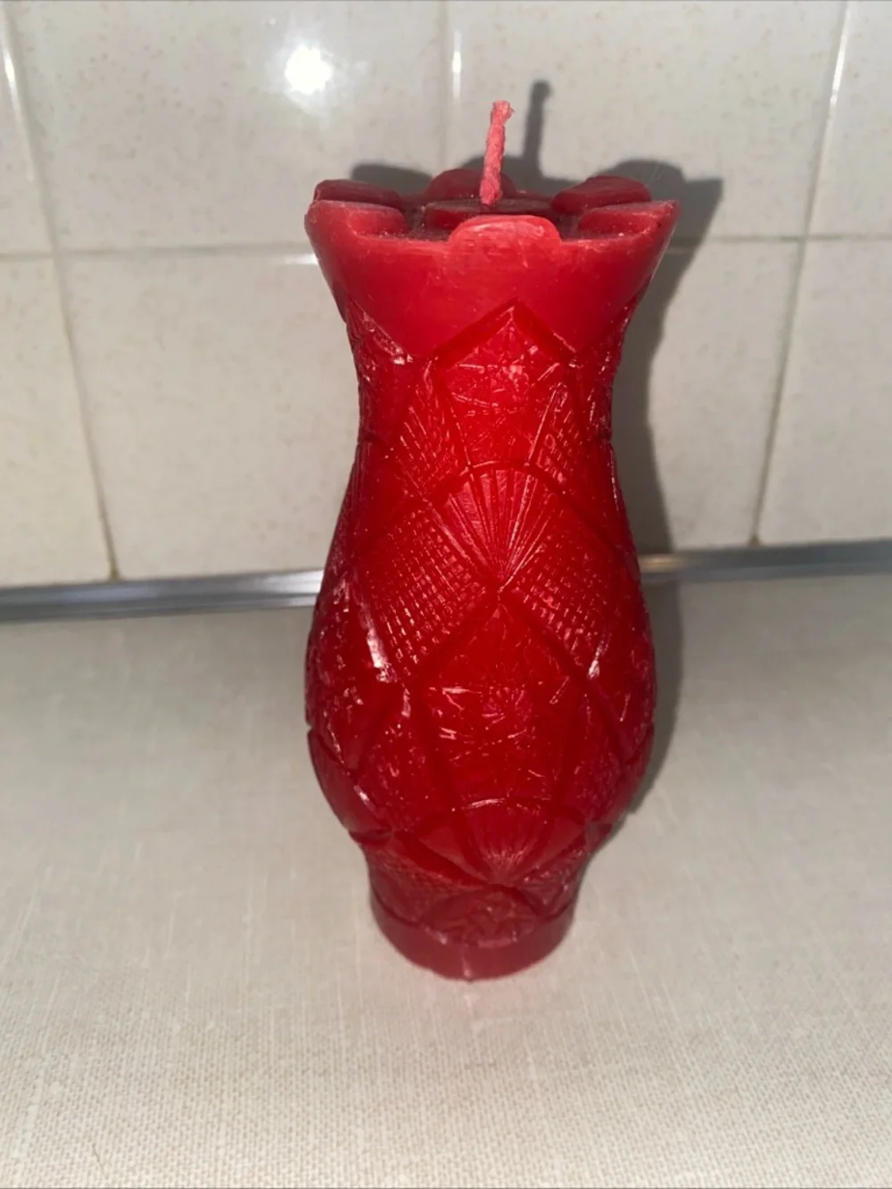Vintage UNLIT Wax Candle Vase Shaped Red‎ Textured Patterned
